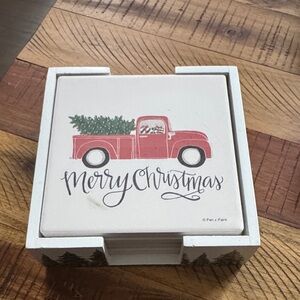 Merry Christmas Coaster Set with Red Truck Design